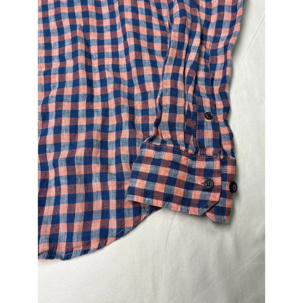 Banana Republic Camden Fit Mens Medium 100% Linen Gingham Shirt Navy Coral Pink